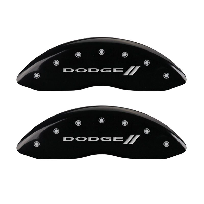 Load image into Gallery viewer, MGP 4 Caliper Covers Engraved Front &amp; Rear With stripes/Dodge Black finish silver ch
