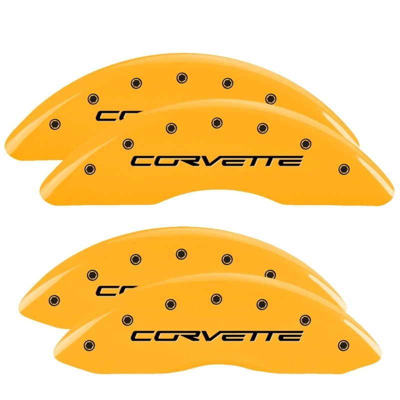 Load image into Gallery viewer, MGP 4 Caliper Covers Engraved Front &amp; Rear C6/Corvette Yellow finish black ch
