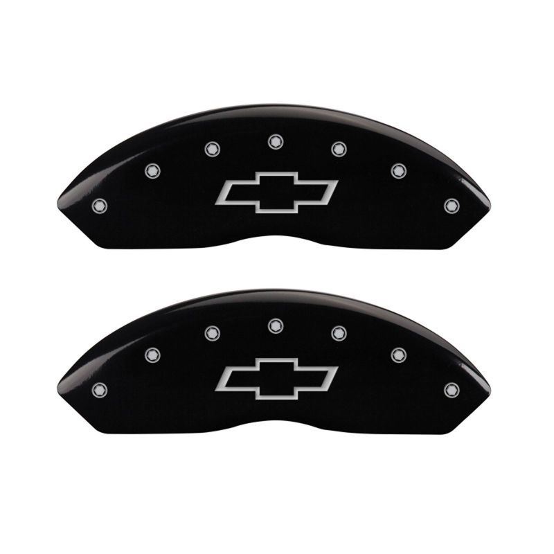 Load image into Gallery viewer, MGP 4 Caliper Covers Engraved Front &amp; Rear Bowtie Black finish silver ch
