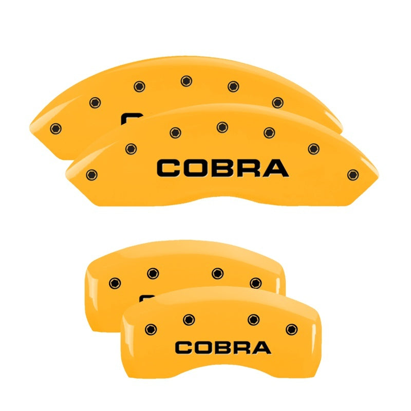 Load image into Gallery viewer, MGP 4 Caliper Covers Engraved Front &amp; Rear Cobra Yellow Finish Black Char 2003 Ford Mustang
