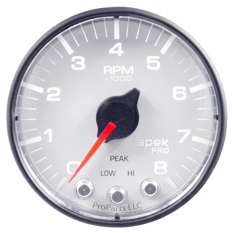 Load image into Gallery viewer, Autometer Spek-Pro Gauge Tach 2 1/16in 8K Rpm W/ Shift Light &amp; Peak Mem Wht/Blk
