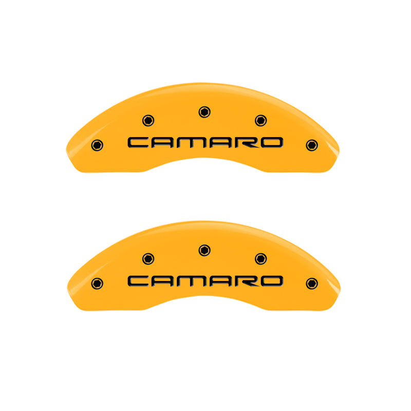 Load image into Gallery viewer, MGP 4 Caliper Covers Engraved Front Camaro Rear Z28 Yellow Finish Black Char 1997 Chevy Camaro
