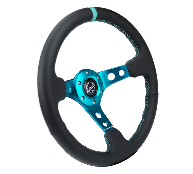 Load image into Gallery viewer, NRG Reinforce Steering Wheel (350mm / 3in. Deep) Blk Leather, Teal Center Mark w/ Teal Stitching

