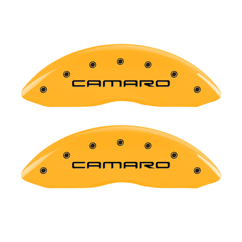 Load image into Gallery viewer, MGP 4 Caliper Covers Engraved Front Camaro Rear Gen 4/Ss Yellow Finish Black Char 1998 Chevy Camaro
