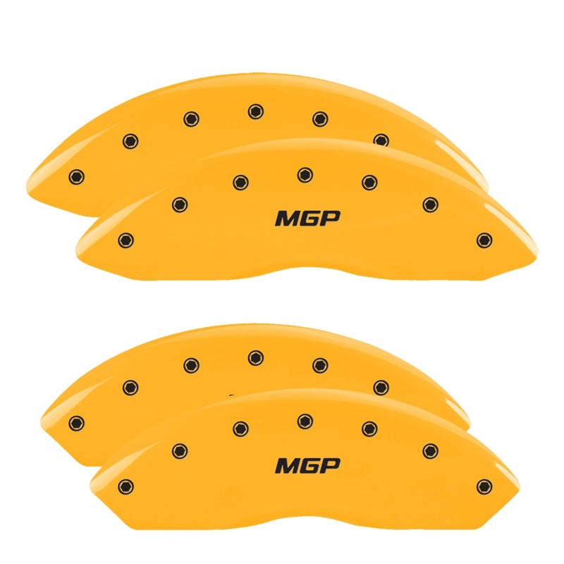 Load image into Gallery viewer, MGP 4 Caliper Covers Engraved Front &amp; Rear MGP Yellow Finish Black Char 2004 GMC Sierra 1500
