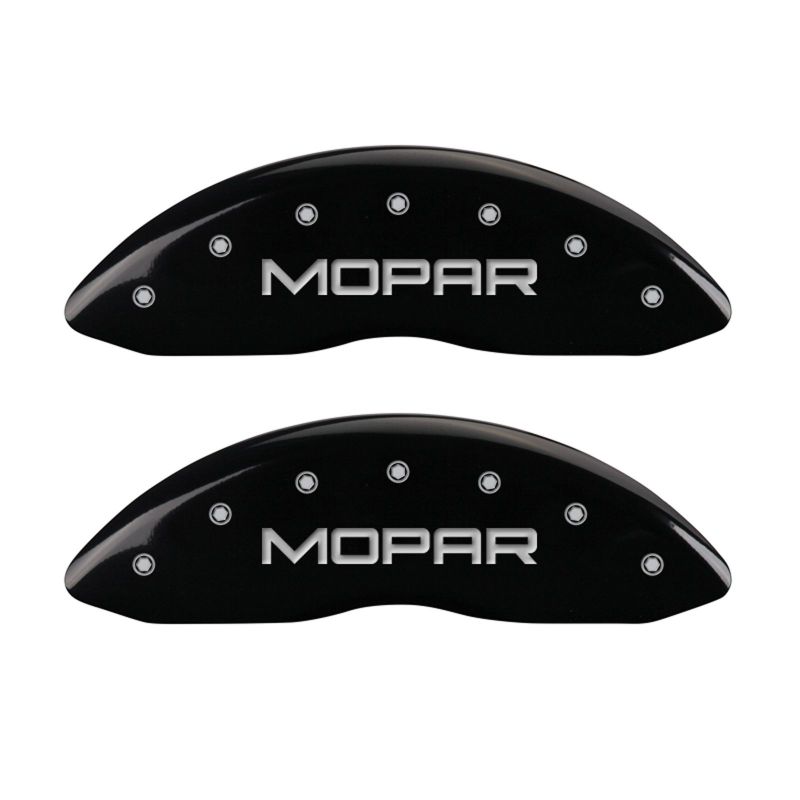 Load image into Gallery viewer, MGP 4 Caliper Covers Engraved Front &amp; Rear MOPAR Black finish silver ch
