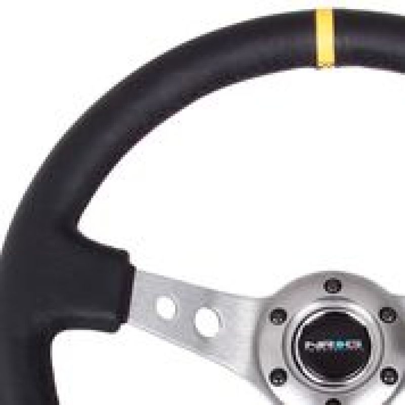 Load image into Gallery viewer, NRG Reinforced Steering Wheel (350mm / 3in. Deep) Blk Leather w/Gunmetal Cutout Spoke &amp; Yellow CM
