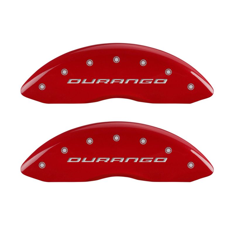 Load image into Gallery viewer, MGP 4 Caliper Covers Engraved Front &amp; Rear With out stripes/Durango Red finish silver ch
