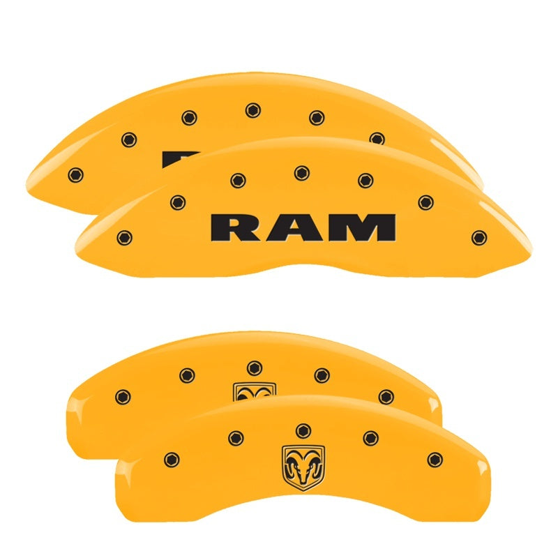 Load image into Gallery viewer, MGP 4 Caliper Covers Engraved Front Ram Rear Ramhead Yellow Finish Black Char 2006 Dodge Durango
