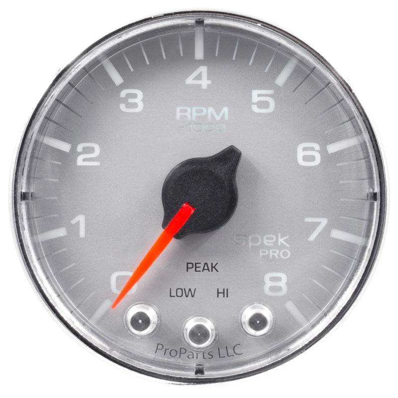 Load image into Gallery viewer, Autometer Spek-Pro Gauge Tach 2 1/16in 8K Rpm W/ Shift Light &amp; Peak Mem Slvr/Chrm

