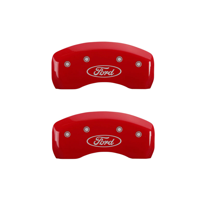 Load image into Gallery viewer, MGP 4 Caliper Covers Engraved Front &amp; Rear Oval logo/Ford Red finish silver ch
