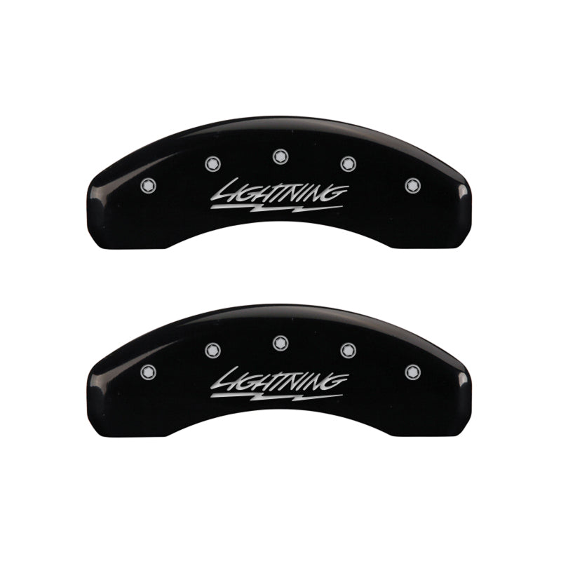 Load image into Gallery viewer, MGP 4 Caliper Covers Engraved Front &amp; Rear Lightning Black finish silver ch
