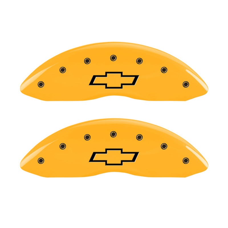 Load image into Gallery viewer, MGP Front set 2 Caliper Covers Engraved Front Bowtie Yellow finish black ch
