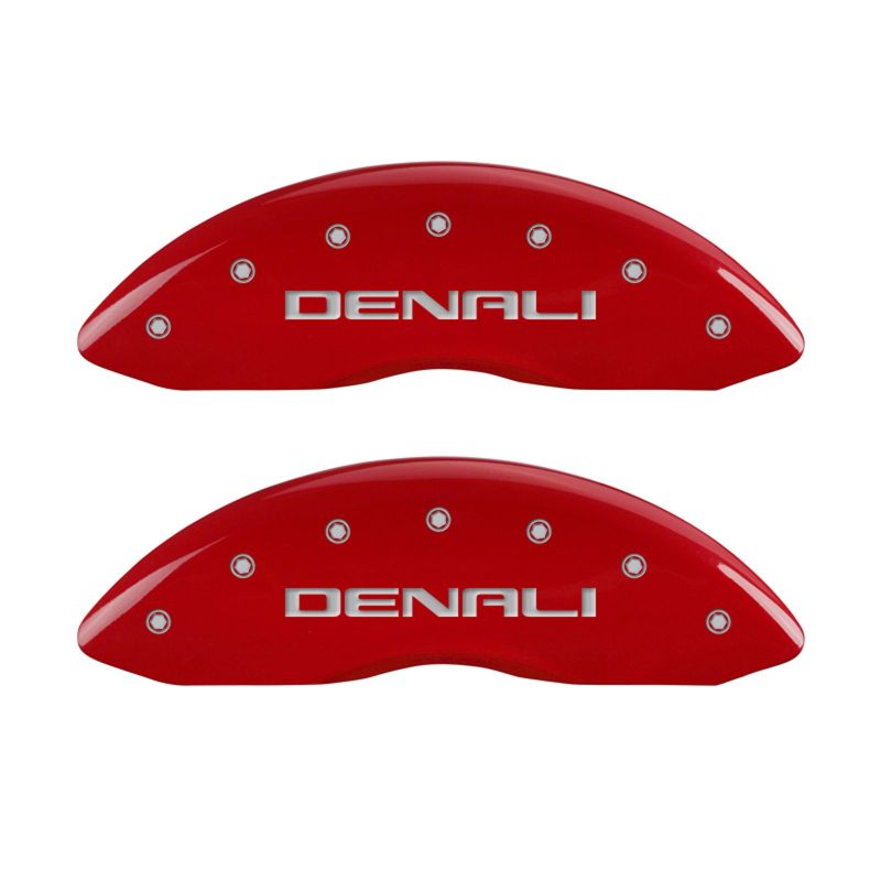 Load image into Gallery viewer, MGP 4 Caliper Covers Engraved Front &amp; Rear Denali Red finish silver ch
