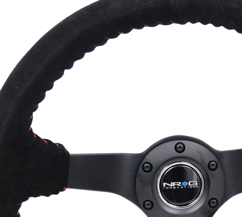 Load image into Gallery viewer, NRG Reinforced Steering Wheel (350mm / 3in. Deep) Blk Suede/Red BBall Stitch w/5mm Matte Blk Spokes
