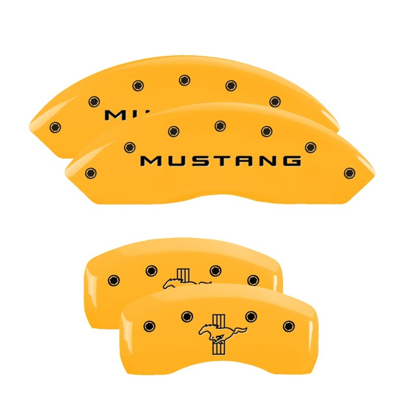Load image into Gallery viewer, MGP 4 Caliper Covers Engraved Front Mustang Rear Bar &amp; Pony Yellow Finish Blk Char 2004 Ford Mustang
