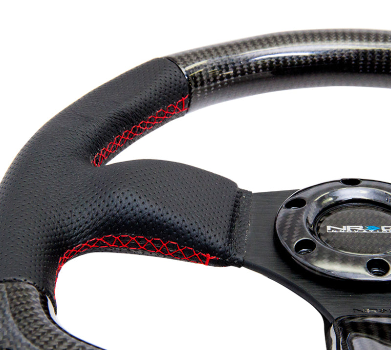 Load image into Gallery viewer, NRG Carbon Fiber Steering Wheel (320mm) Flat Bottom &amp; Leather Trim w/Red Stitching
