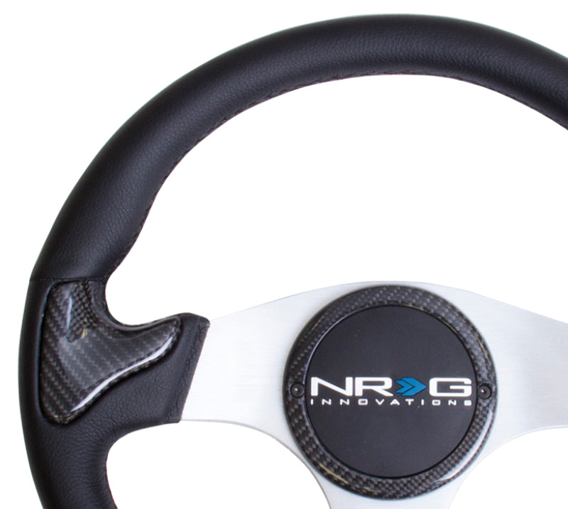 Load image into Gallery viewer, NRG Carbon Fiber Steering Wheel (350mm) Silver Frame Blk Stitching w/Rubber Cover Horn Button
