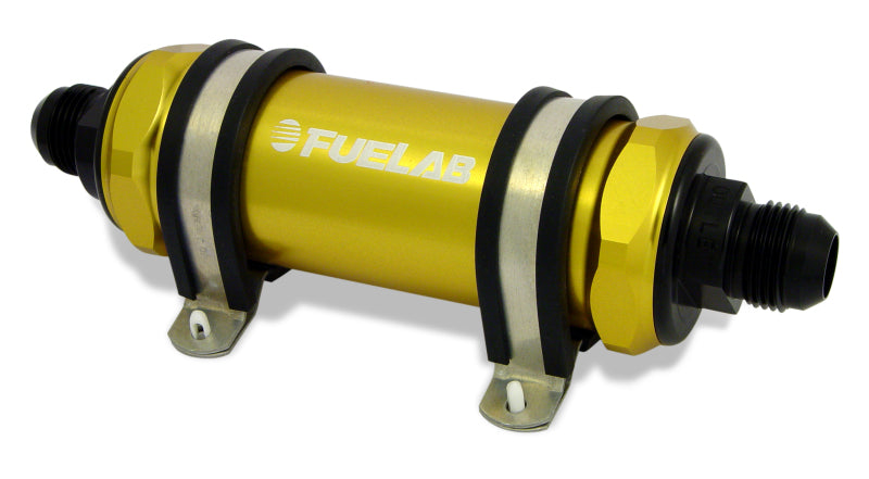Load image into Gallery viewer, Fuelab 858 In-Line Fuel Filter Long -8AN In/Out 10 Micron Fabric w/Check Valve - Gold
