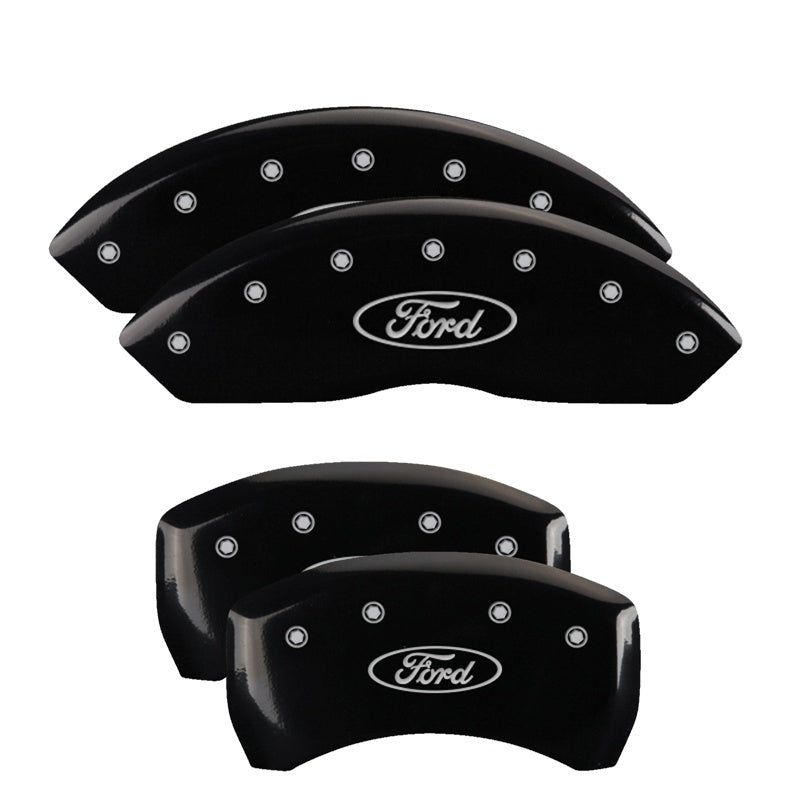 Load image into Gallery viewer, MGP 4 Caliper Covers Engraved Front &amp; Rear Oval logo/Ford Black finish silver ch
