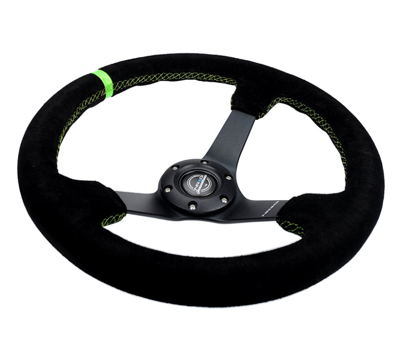 Load image into Gallery viewer, NRG Reinforced Steering Wheel 350mm/3in. Deep Blk Suede/ Neon Green Stitch w/5mm Matte Black Spoke
