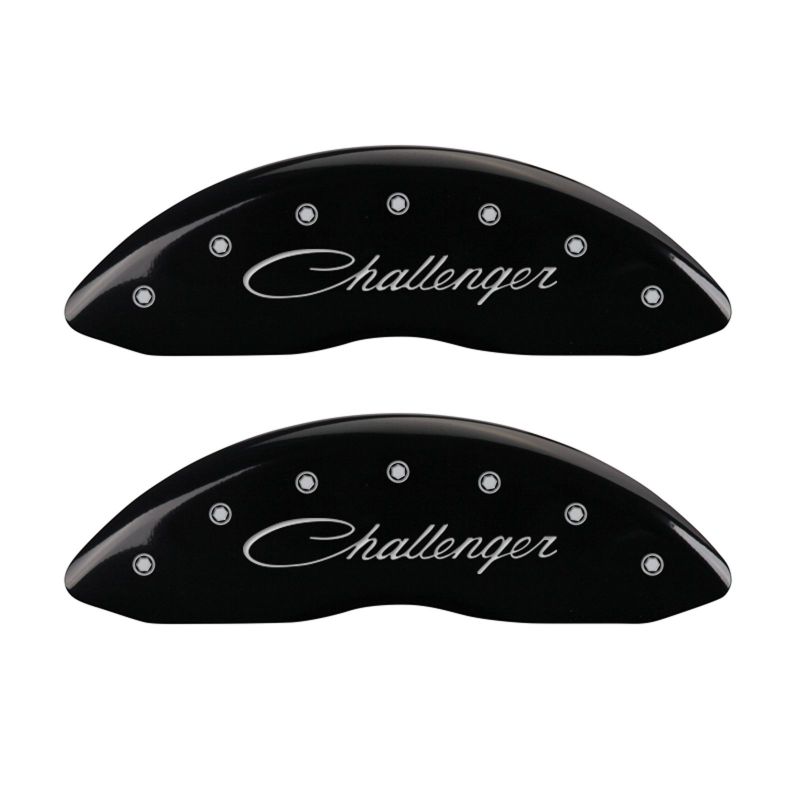 Load image into Gallery viewer, MGP 4 Caliper Covers Engraved Front Cursive/Challenger Engraved Rear RT Black finish silver ch
