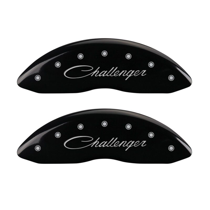 Load image into Gallery viewer, MGP 4 Caliper Covers Engraved Front &amp; Rear Cursive/Challenger Black finish silver ch
