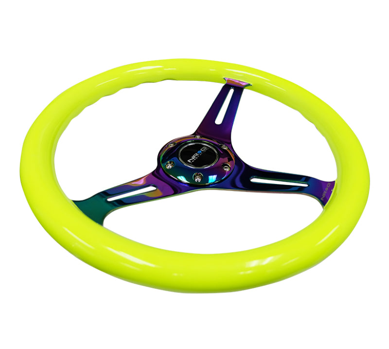 Load image into Gallery viewer, NRG Classic Wood Grain Steering Wheel (350mm) Neon Yellow Color w/Neochrome Spokes
