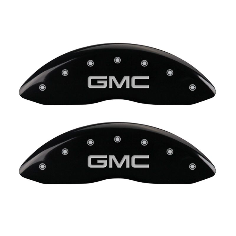 Load image into Gallery viewer, MGP 4 Caliper Covers Engraved Front &amp; Rear Denali Black finish silver ch
