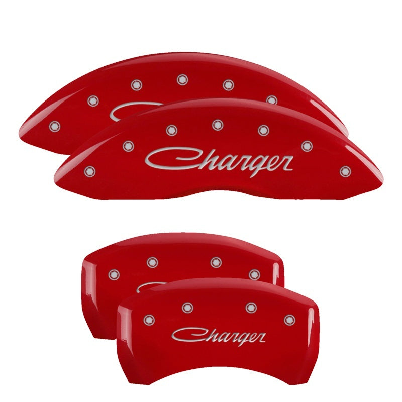 Load image into Gallery viewer, MGP 4 Caliper Covers Engraved Front &amp; Rear Cursive/Challenger Red finish silver ch
