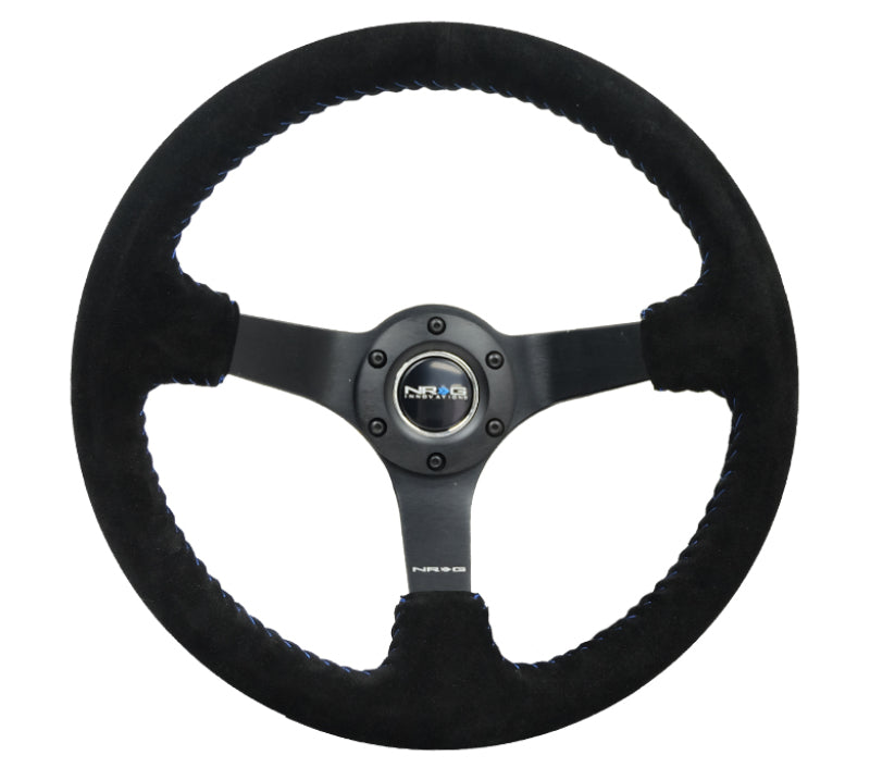 Load image into Gallery viewer, NRG Reinforced Steering Wheel (350mm / 3in. Deep) Blk Suede/Blue BBall Stitch w/5mm Matte Blk Spokes
