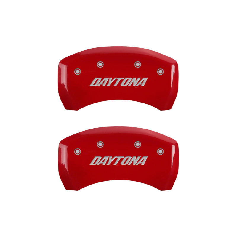 Load image into Gallery viewer, MGP 4 Caliper Covers Engraved Front &amp; Rear Daytona Red finish silver ch
