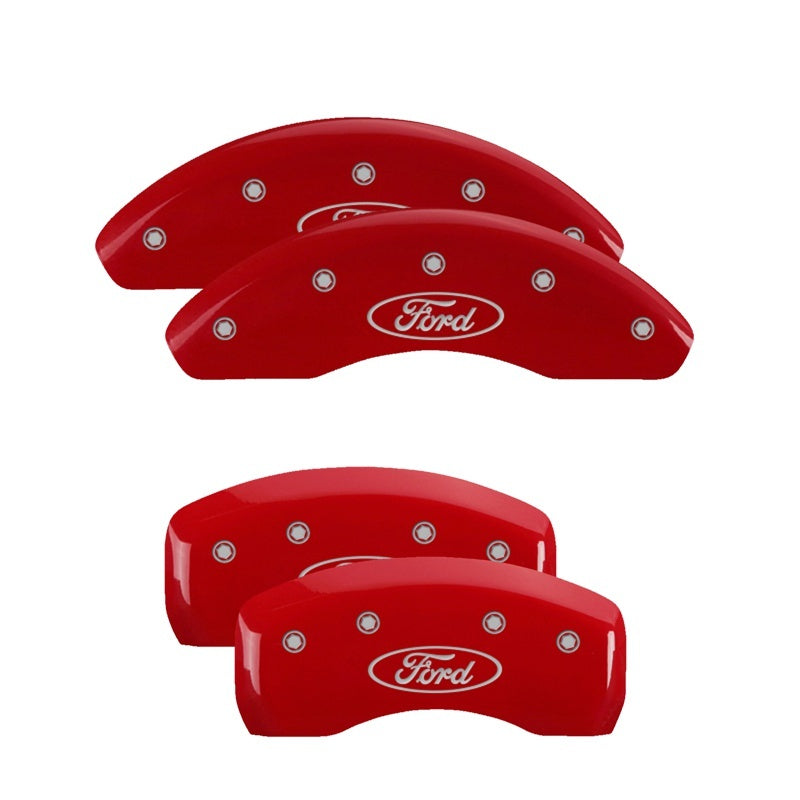 Load image into Gallery viewer, MGP 4 Caliper Covers Engraved Front &amp; Rear Oval logo/Ford Red finish silver ch
