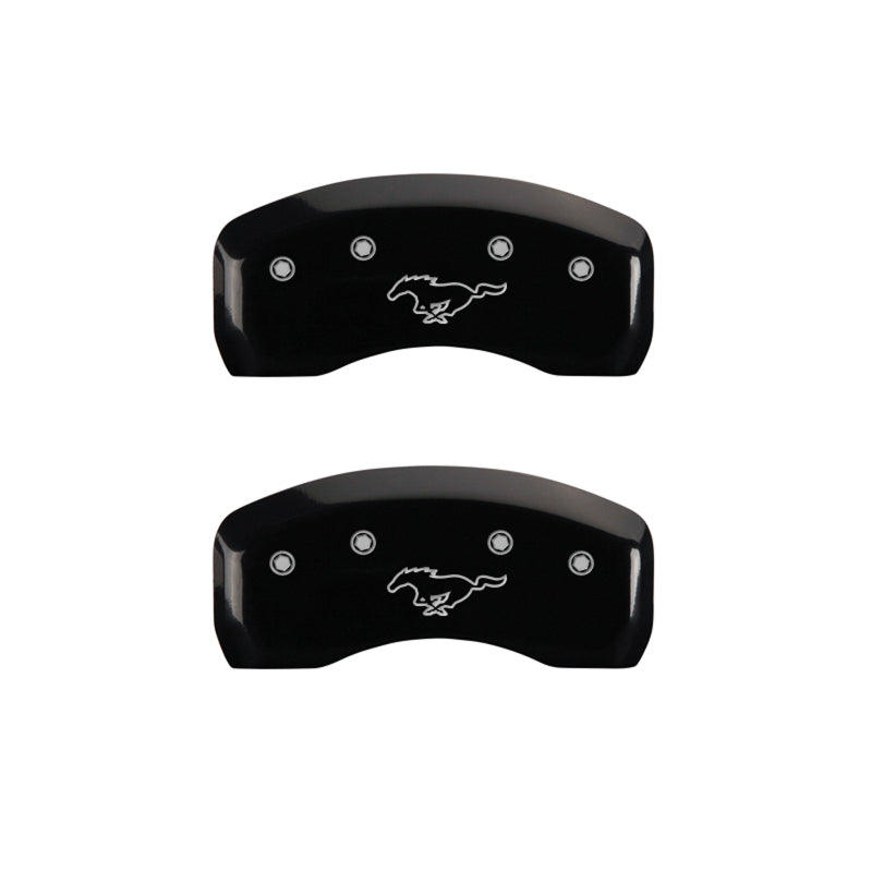 Load image into Gallery viewer, MGP 4 Caliper Covers Engraved Front Mustang Engraved Rear Pony Black finish silver ch

