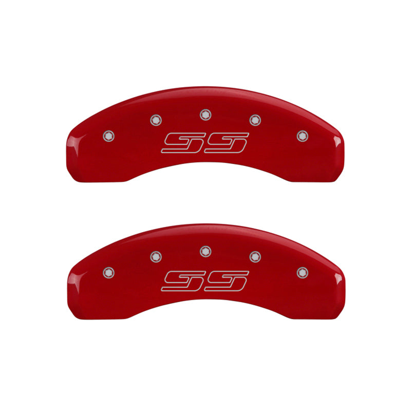 Load image into Gallery viewer, MGP 4 Caliper Covers Engraved Front &amp; Rear Avalanche style/SS Red finish silver ch
