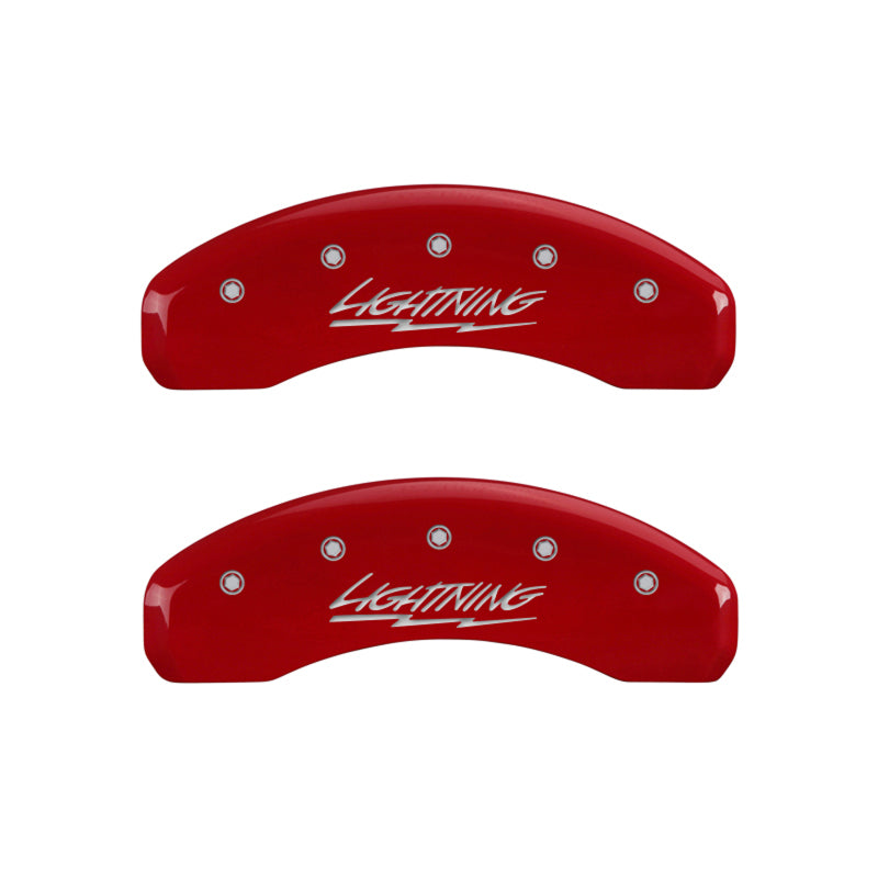 Load image into Gallery viewer, MGP 4 Caliper Covers Engraved Front &amp; Rear Lightning Red finish silver ch
