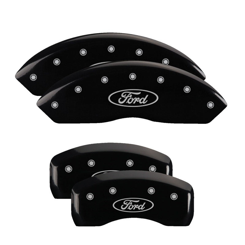 Load image into Gallery viewer, MGP 4 Caliper Covers Engraved Front &amp; Rear Oval logo/Ford Black finish silver ch
