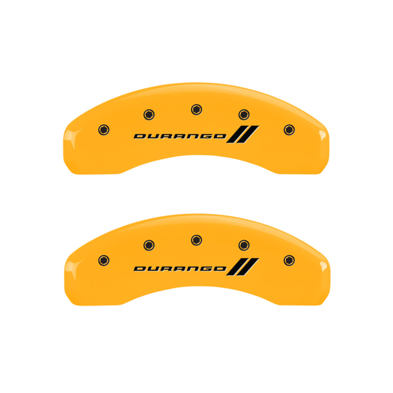 Load image into Gallery viewer, MGP 4 Caliper Covers Engraved F &amp; R w/ Stripes/Durango Yellow Finish Black Char 2006 Dodge Durango
