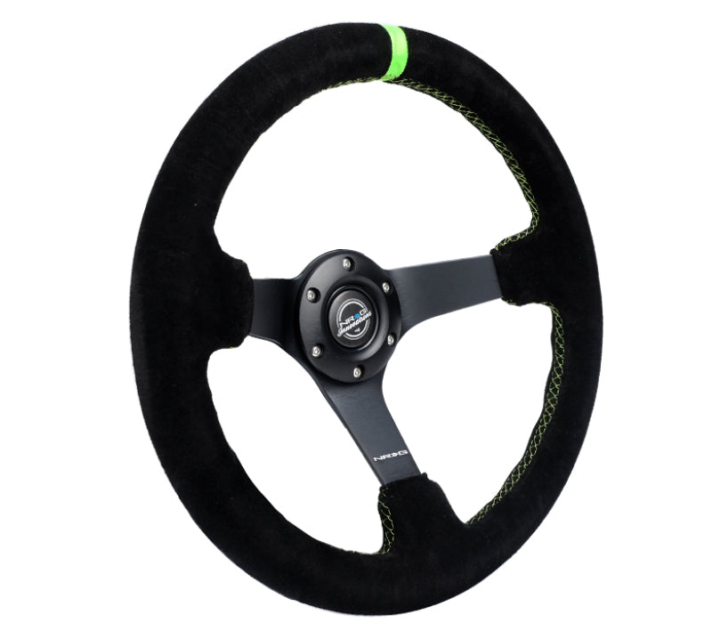 Load image into Gallery viewer, NRG Reinforced Steering Wheel 350mm/3in. Deep Blk Suede/ Neon Green Stitch w/5mm Matte Black Spoke
