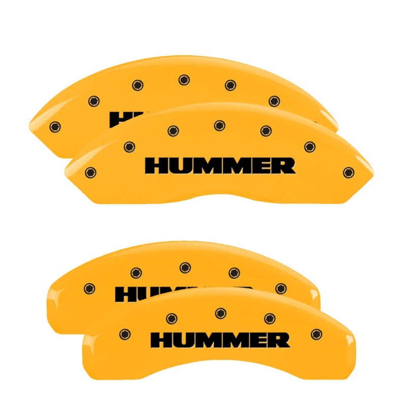 Load image into Gallery viewer, MGP 4 Caliper Covers Engraved Front &amp; Rear Hummer Yellow Finish Black Char 2010 Hummer H3T
