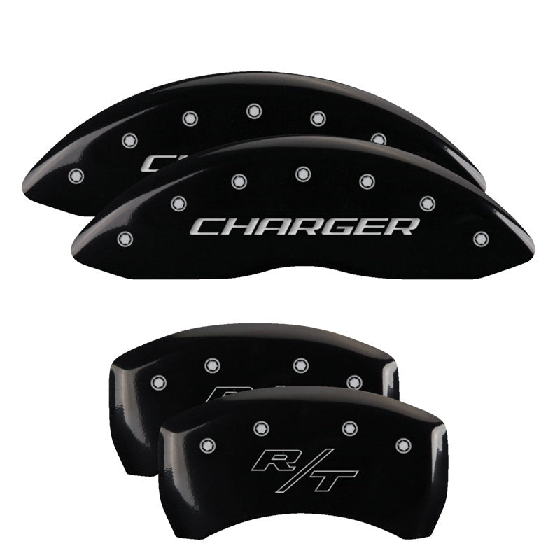 Load image into Gallery viewer, MGP 4 Caliper Covers Engraved Front Charger Engraved Rear RT Black finish silver ch
