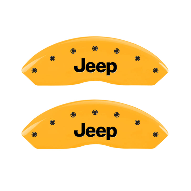 Load image into Gallery viewer, MGP 4 Caliper Covers Engraved Front &amp; Rear Jeep Yellow Finish Black Char 2006 Jeep Wrangler
