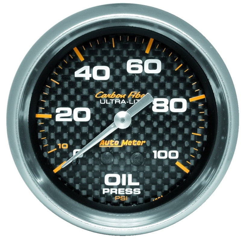 Load image into Gallery viewer, Autometer Ultra-Lite 2.625in Mechanical 100 PSI Oil Pressure Gauge - Carbon Fiber
