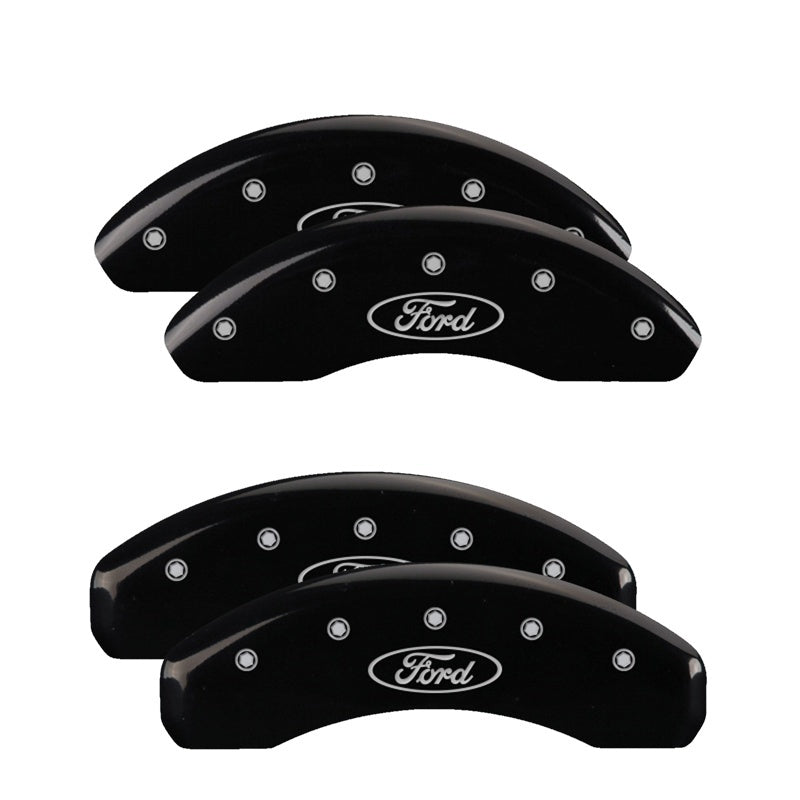 Load image into Gallery viewer, MGP 4 Caliper Covers Engraved Front &amp; Rear Oval logo/Ford Black finish silver ch

