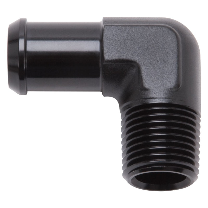 Load image into Gallery viewer, Edelbrock Hose End 90-Deg 1/2In NPT to 1/2In Barb Black Anodize
