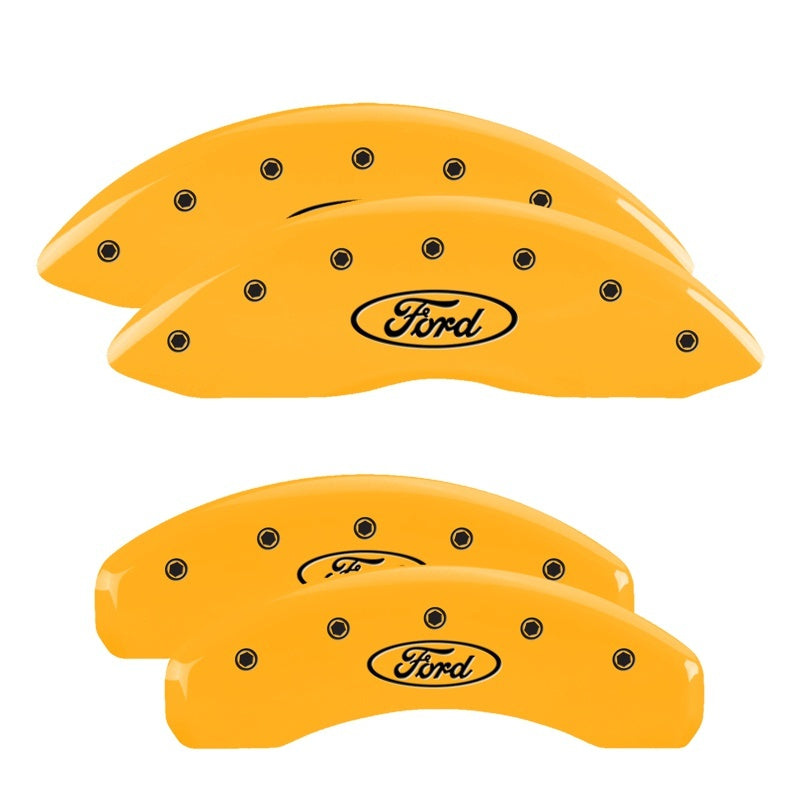Load image into Gallery viewer, MGP 4 Caliper Covers Engraved Front &amp; Rear Oval Logo/Ford Yellow Finish Black Char 2011 Ford F-150
