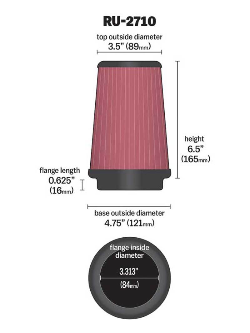Load image into Gallery viewer, K&amp;N Universal Rubber Filter Round Tprd 3.313in Flange ID x 4.75in Base OD x 3.5in Top OD x 6.5in H
