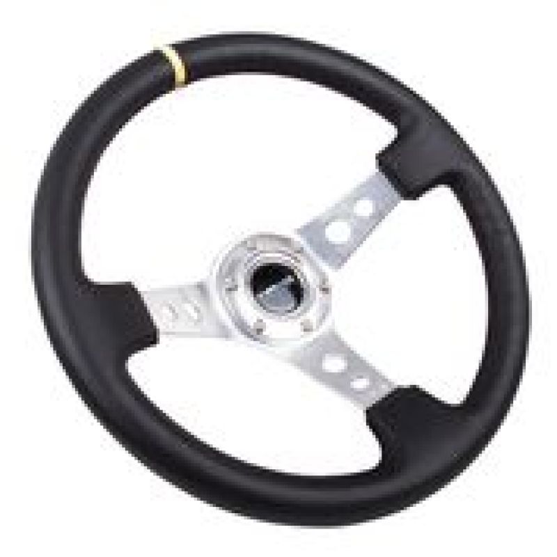 Load image into Gallery viewer, NRG Reinforced Steering Wheel (350mm / 3in. Deep) Blk Leather w/Circle Cut Spokes &amp; Single Yellow CM
