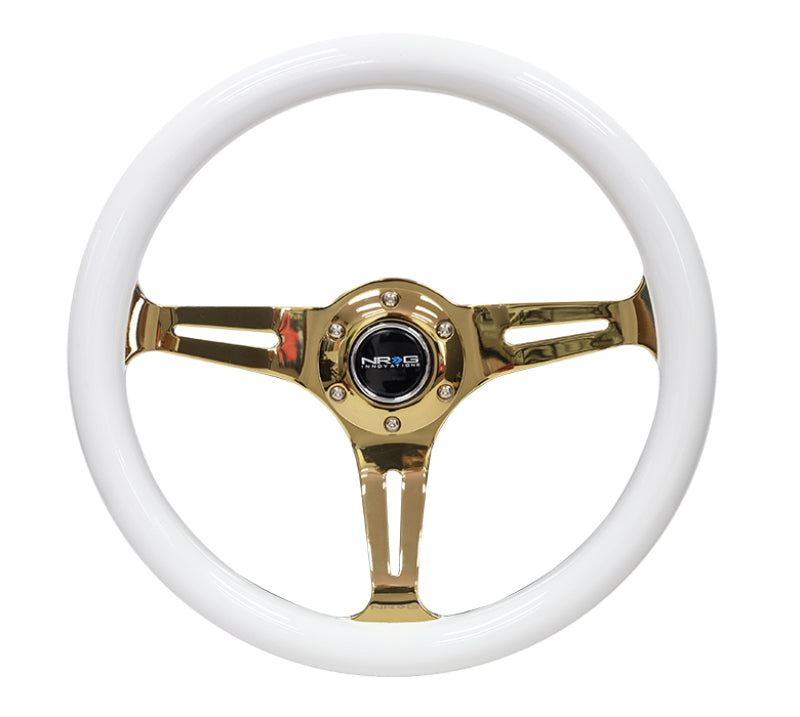 Load image into Gallery viewer, NRG Classic Wood Grain Steering Wheel (350mm) White Grip w/Chrome Gold 3-Spoke Center
