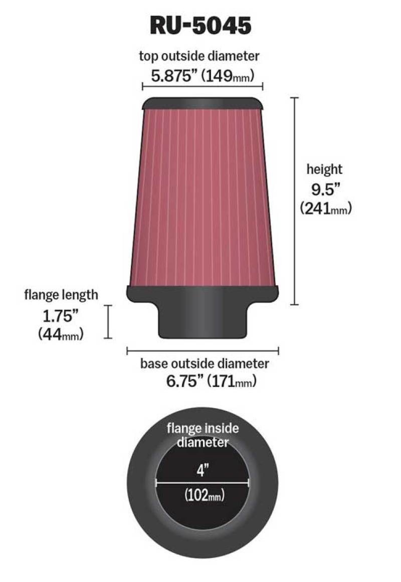 Load image into Gallery viewer, K&amp;N Filter 4 inch Flange 6 3/4 inch OD Base 5 7/8 inch OD Top 9 1/2 inch Height
